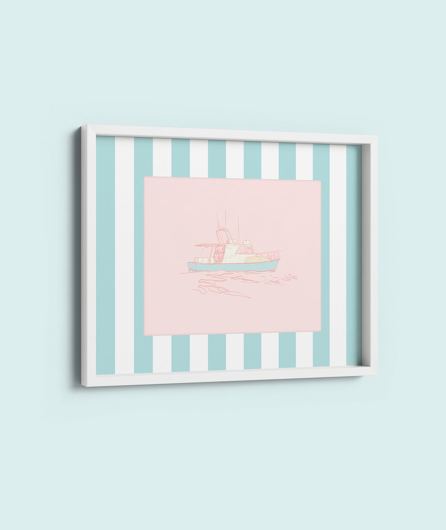 An 8x10 inch fine art print featuring a striped background and an illustration of a boat in the center, framed in a simple white frame.