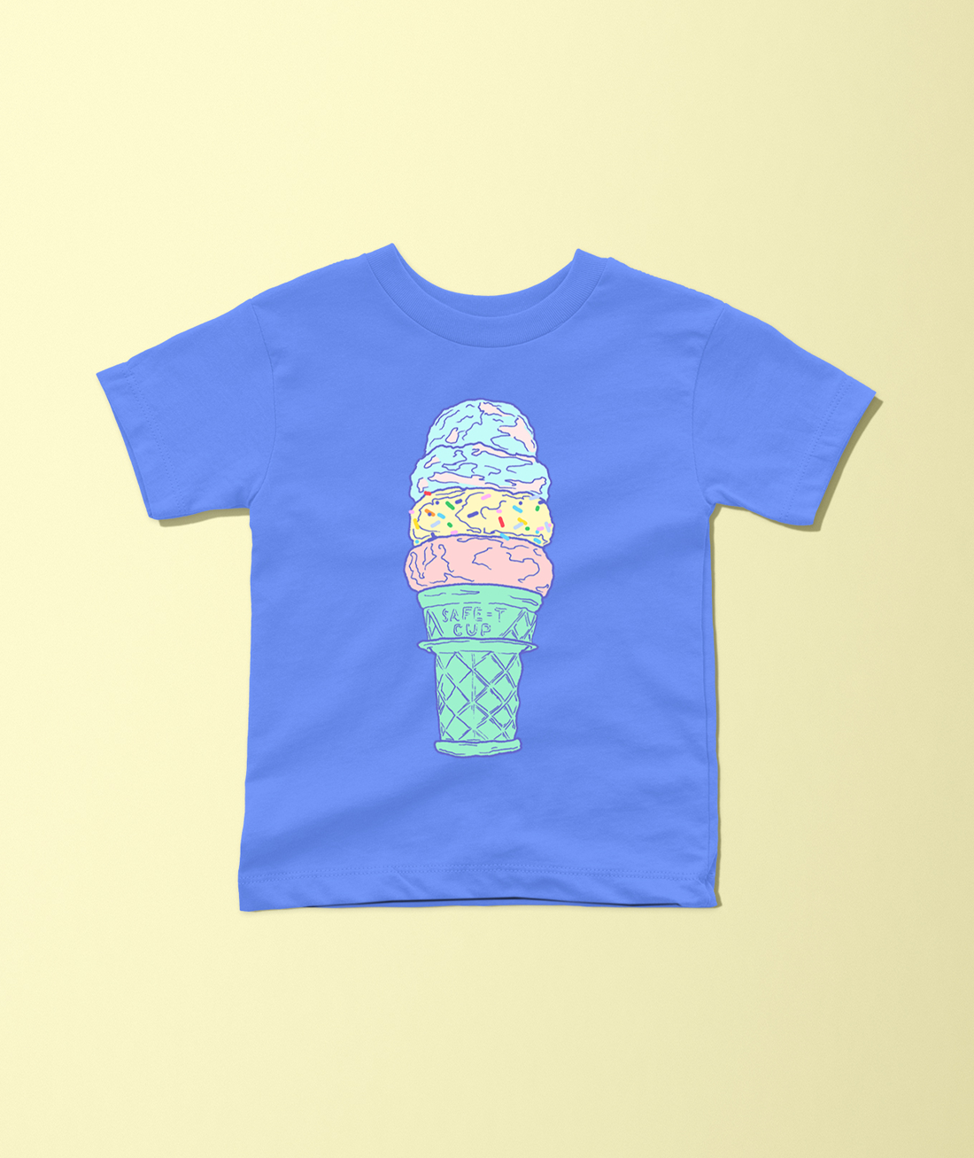A blue short-sleeve t-shirt with a colorful ice cream cone graphic printed on the chest, displayed flat against a pale yellow background.