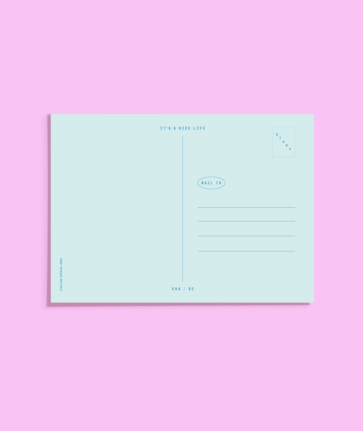Light blue postcard on a pink background