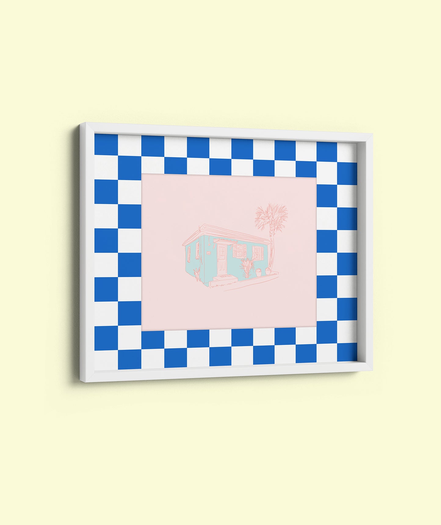 An 8x10 fine art print featuring a beach cottage scene, centered within a square frame with a blue and white checkered border.