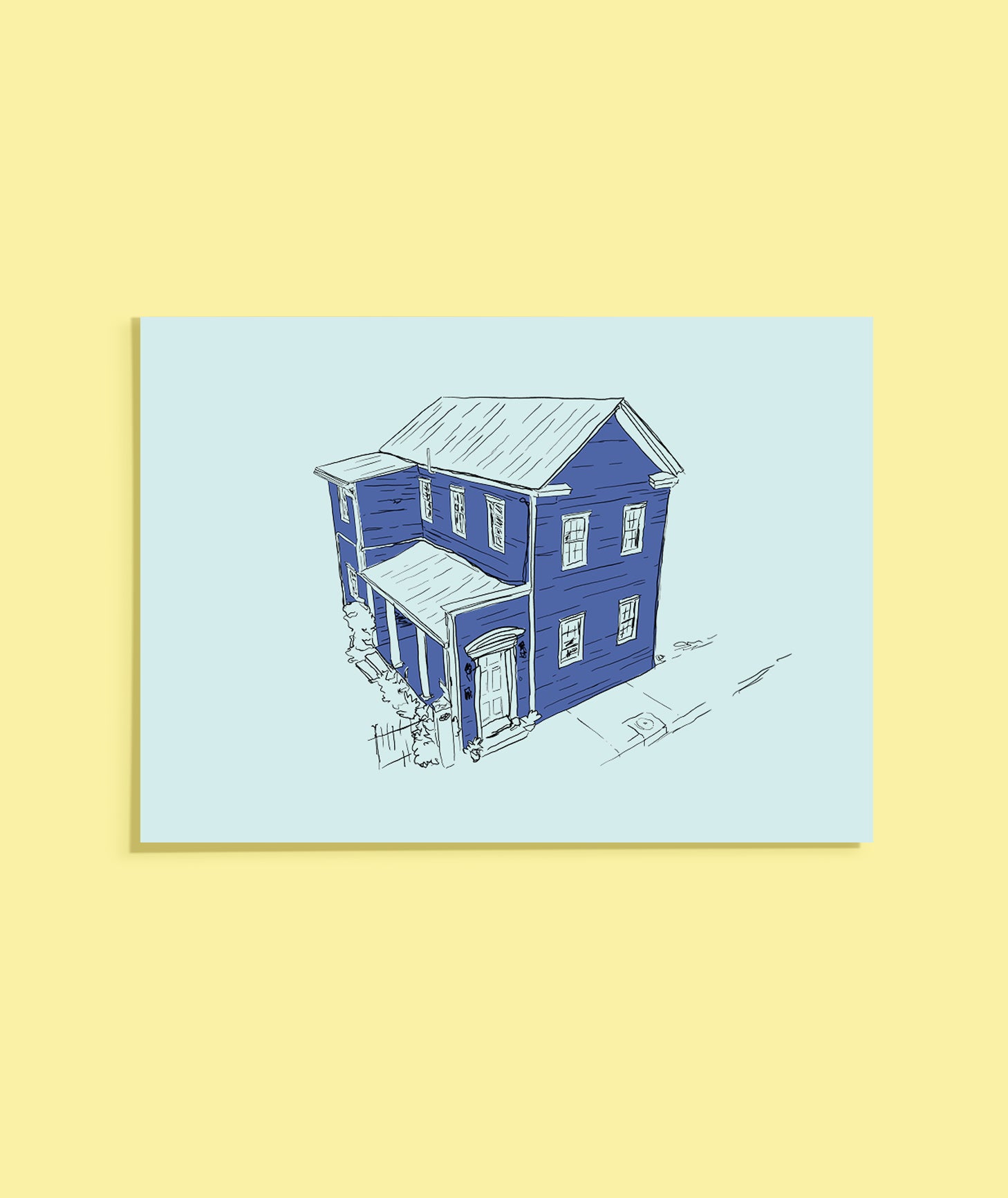 Blue house illustration on a light blue background with a yellow border