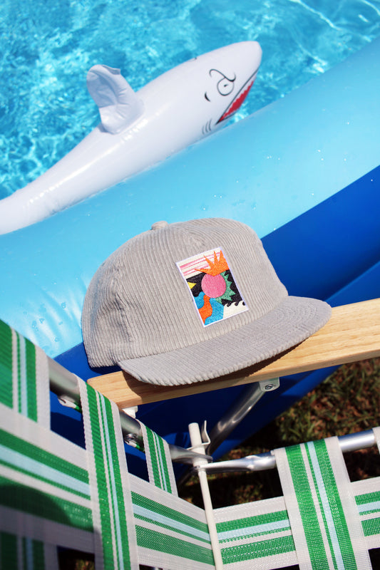 Gray cap with a colorful patch on a pool float with a shark toy in the background