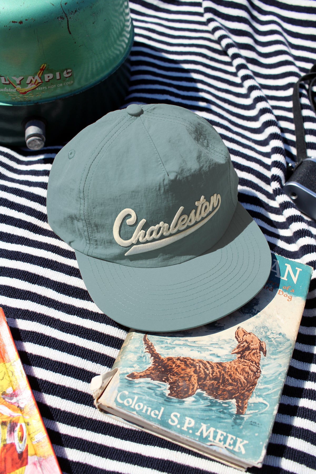A muted sage green baseball cap with 'Charleston' embroidered in cream script on the front, styled on a black and white striped blanket.