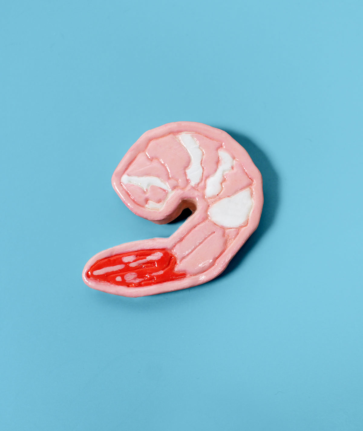A pink and white shrimp-shaped magnet with a red tail, photographed on a solid light blue background.