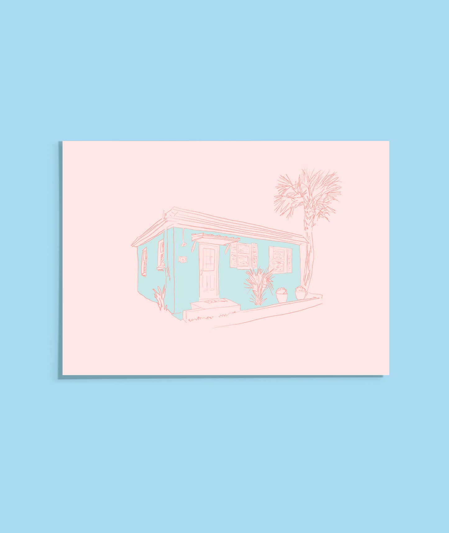 Card with a retro-style house and palm tree design on a pink background