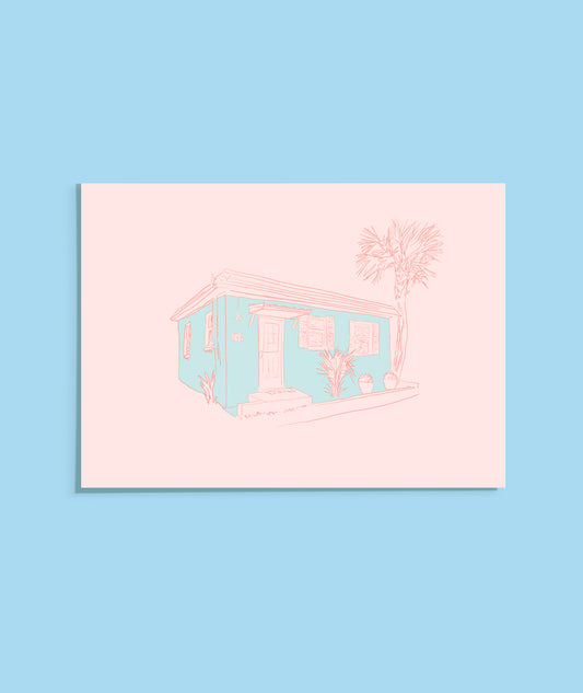 Card with a retro-style house and palm tree design on a pink background
