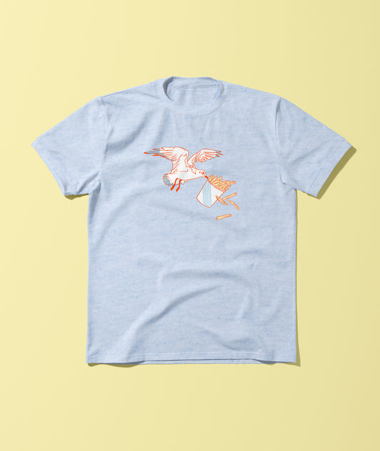 A blue unisex short-sleeve t-shirt with a graphic print of a seagull stealing french fries.