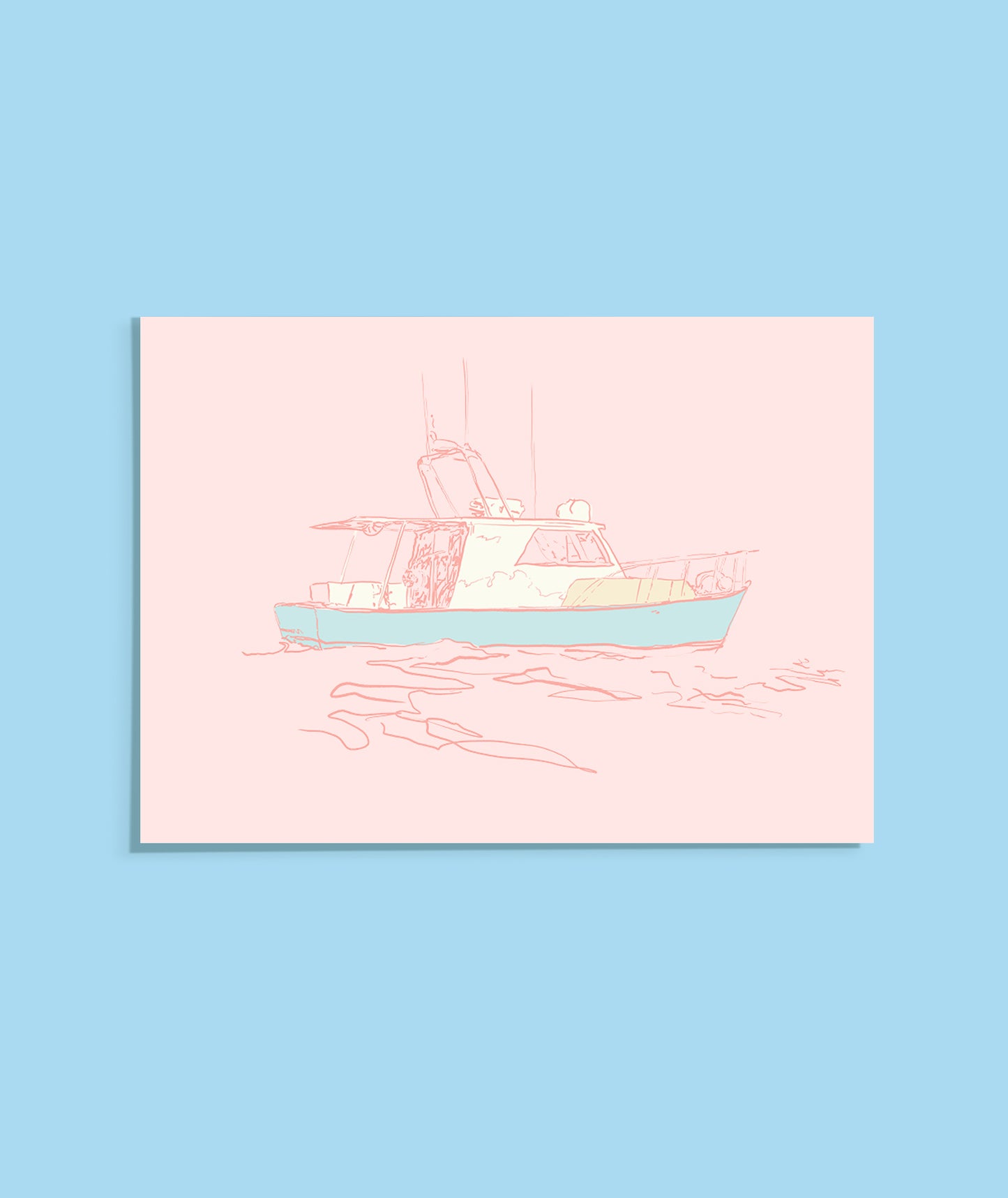 Illustration of a boat on a pink background with a blue border