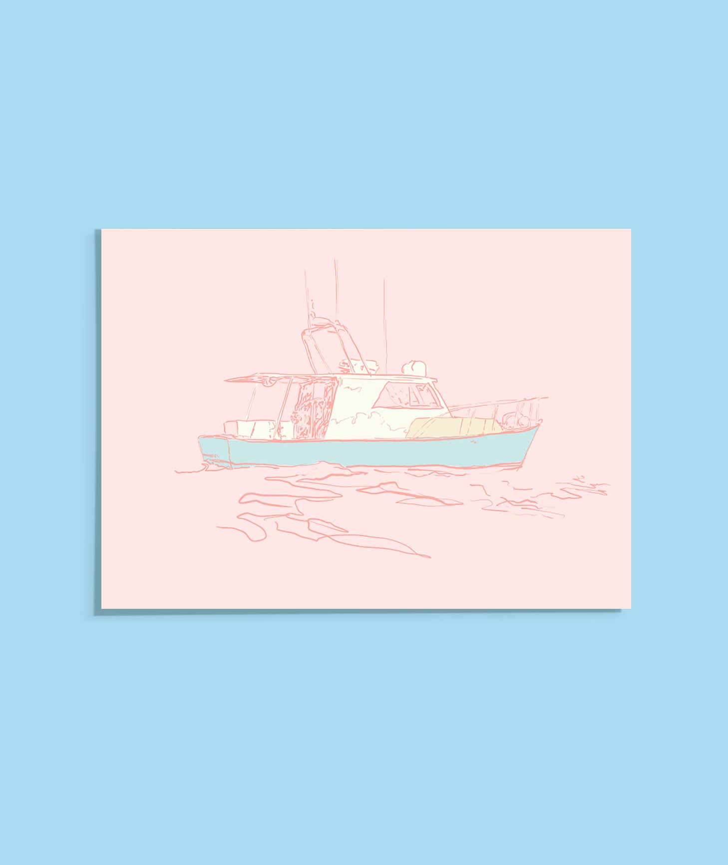 Illustration of a boat on a pink background with a blue border