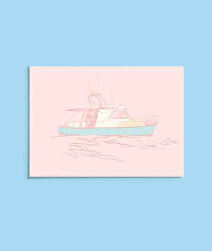 Illustration of a boat on a pink background with a blue border