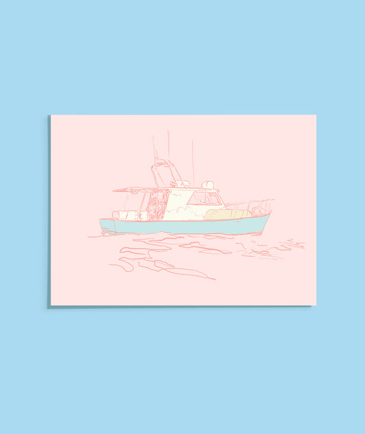 Illustration of a boat on a pink background with a blue border