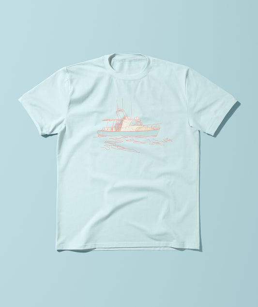 A blue, short-sleeved crew neck t-shirt with a graphic of a fishing boat on the front.