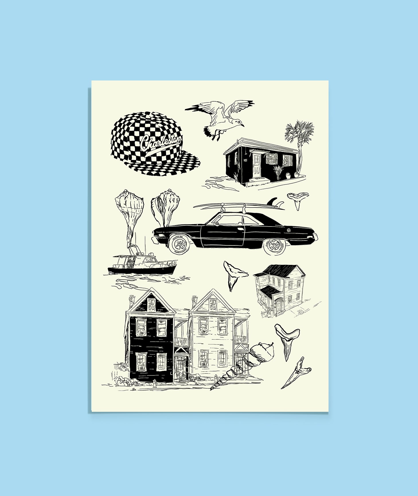 Illustrations of a checkered hat, boat, car, and houses on a beige background with a blue border.