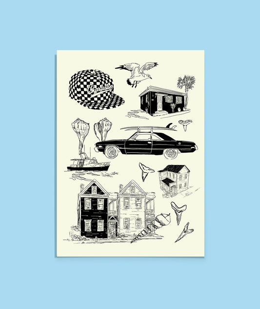 Illustrations of a checkered hat, boat, car, and houses on a beige background with a blue border.