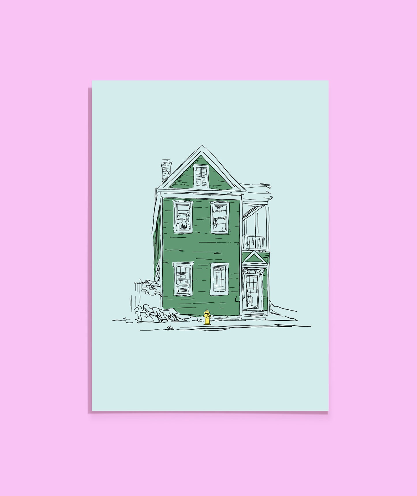 Illustration of a green house on a light blue background with a pink border