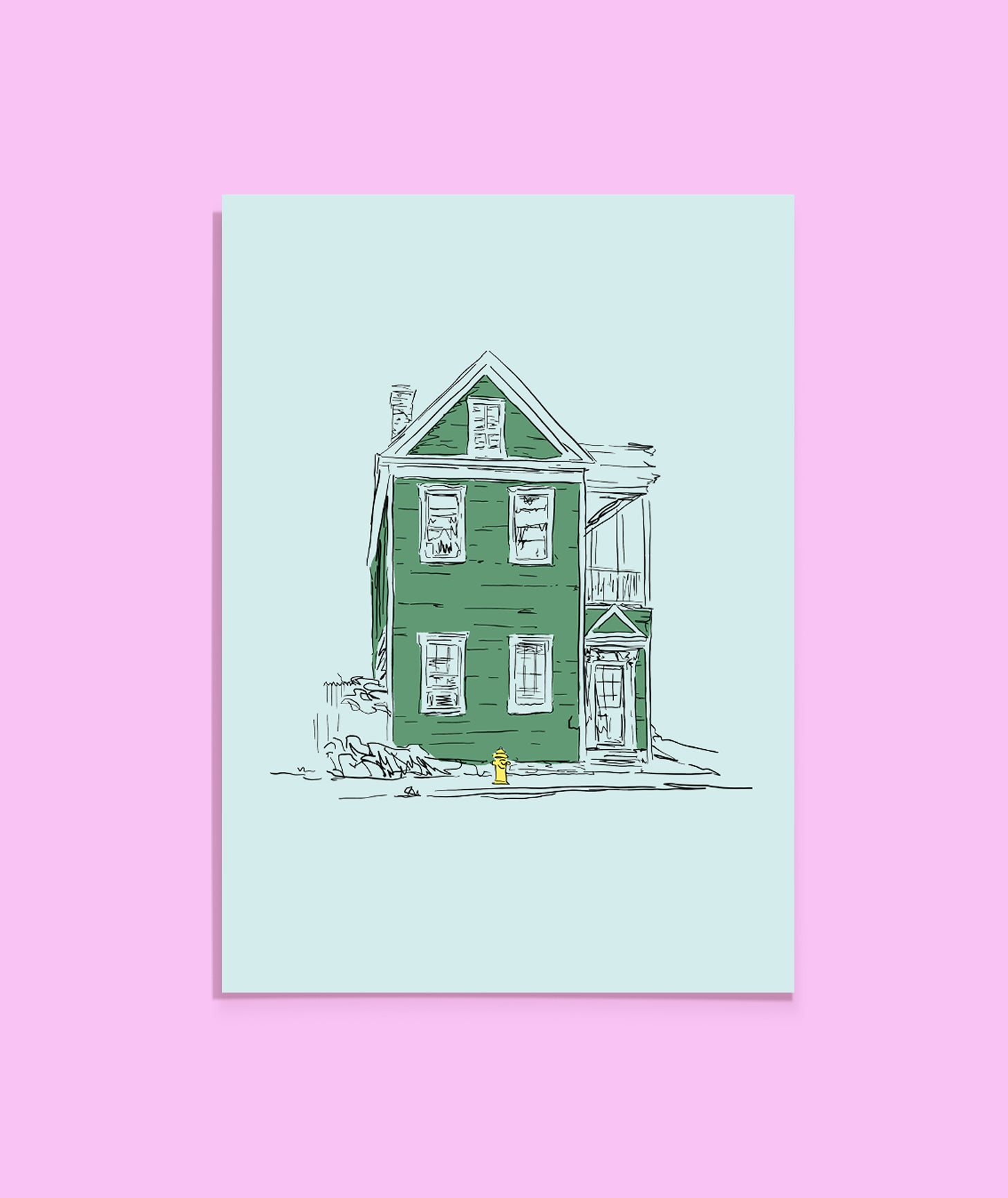 Illustration of a green house on a light blue background with a pink border