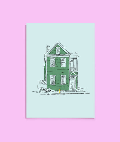 Illustration of a green house on a light blue background with a pink border