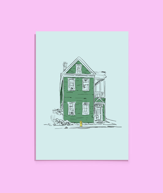 Illustration of a green house on a light blue background with a pink border