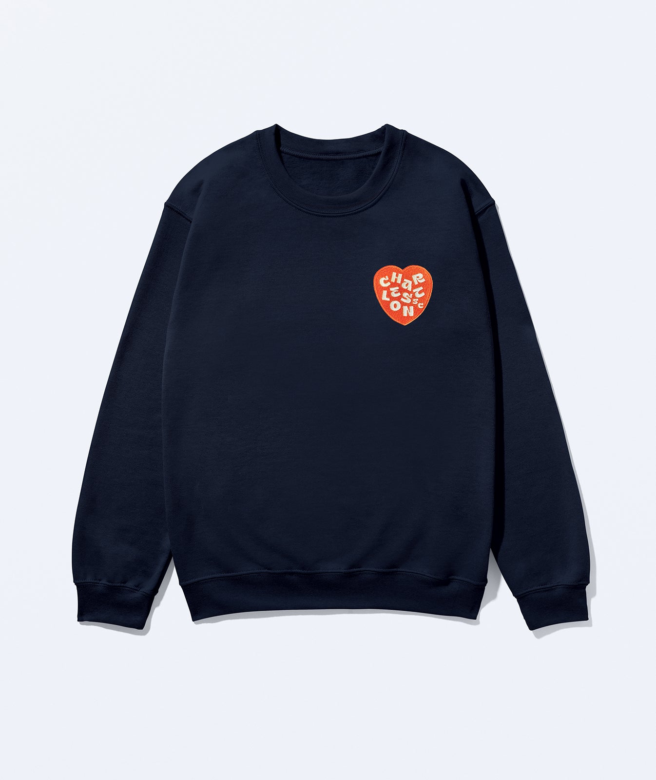 Charleston sweatshirt. Navy sweatshirt with a red heart-shaped Charleston  logo on a light gray background