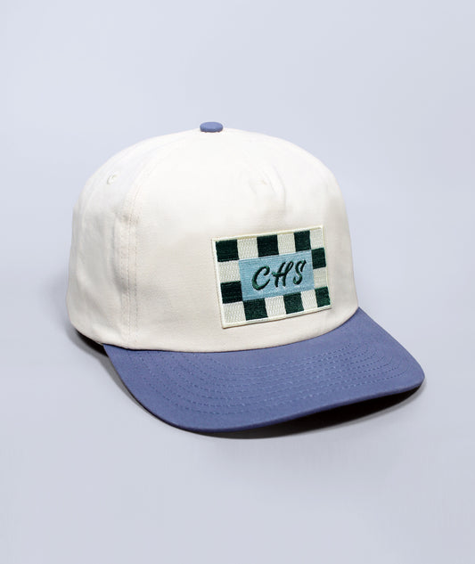 Cap with a checkered patch and 'CHS' text on a light gray background