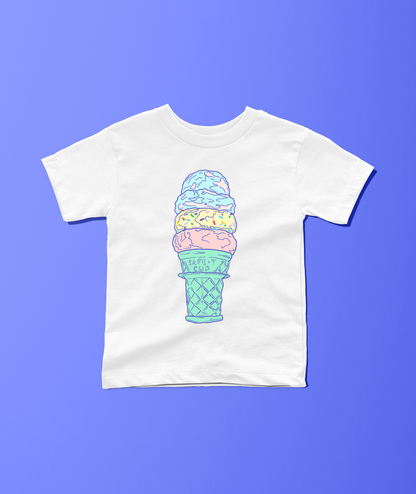 A white short-sleeve t-shirt with a colorful ice cream cone graphic on the front, displayed flat against a solid blue background.