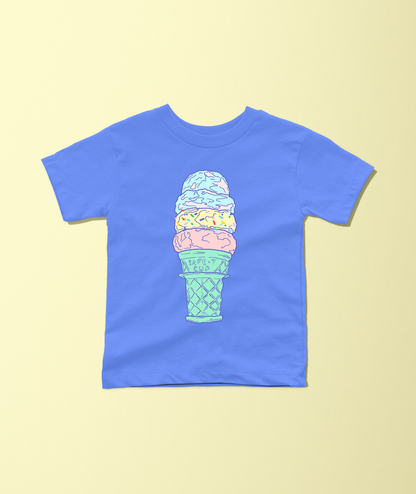 A blue short-sleeve t-shirt with a colorful ice cream cone graphic printed on the chest, displayed flat against a pale yellow background.