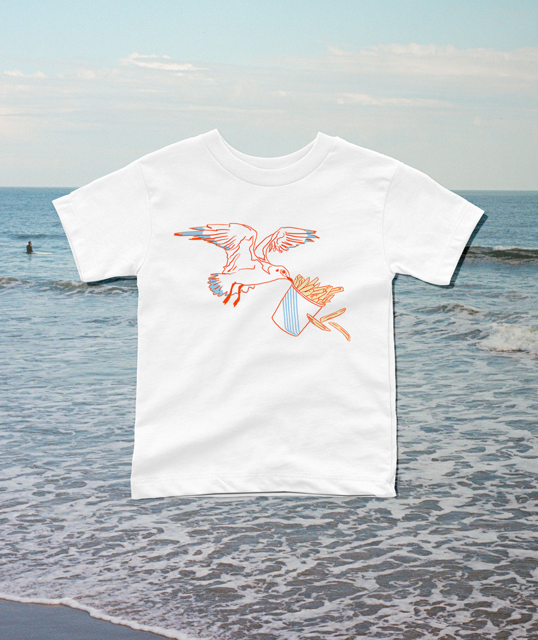 seagull carrying french fries on a white t-shirt