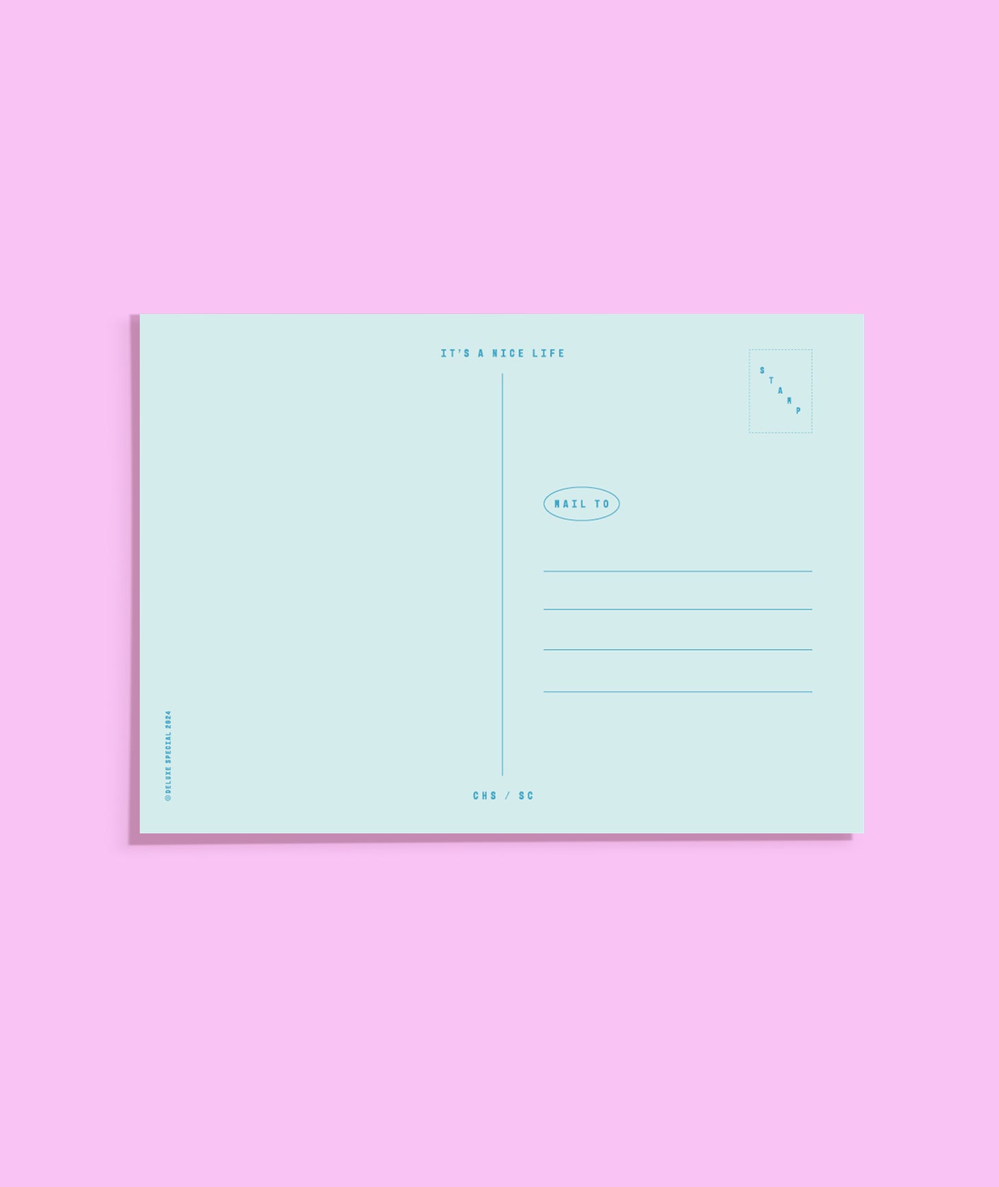 Light blue postcard on a pink background