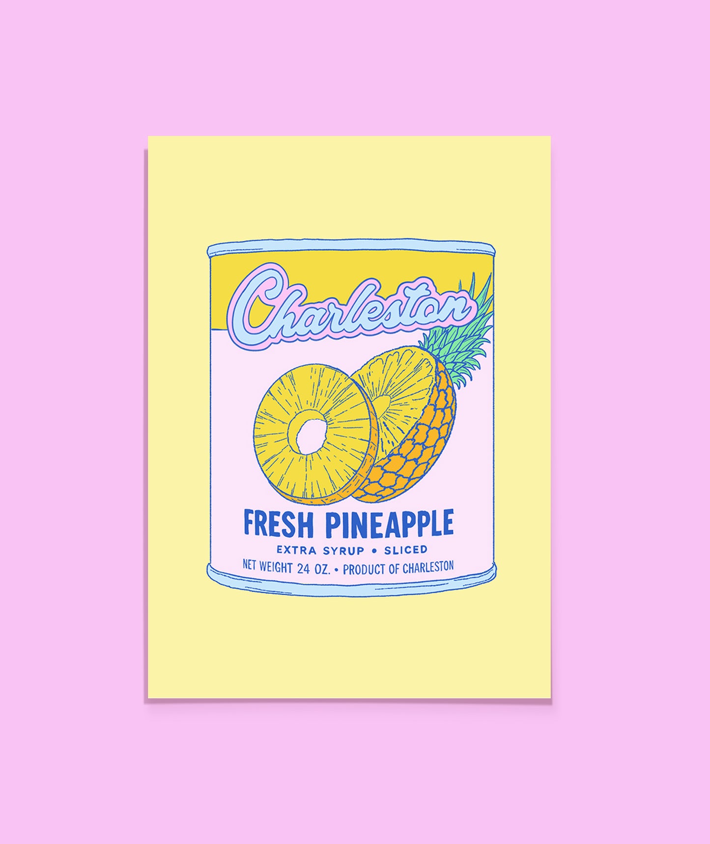 Illustration of a pineapple can labeled 'Charleston Fresh Pineapple' on a yellow background