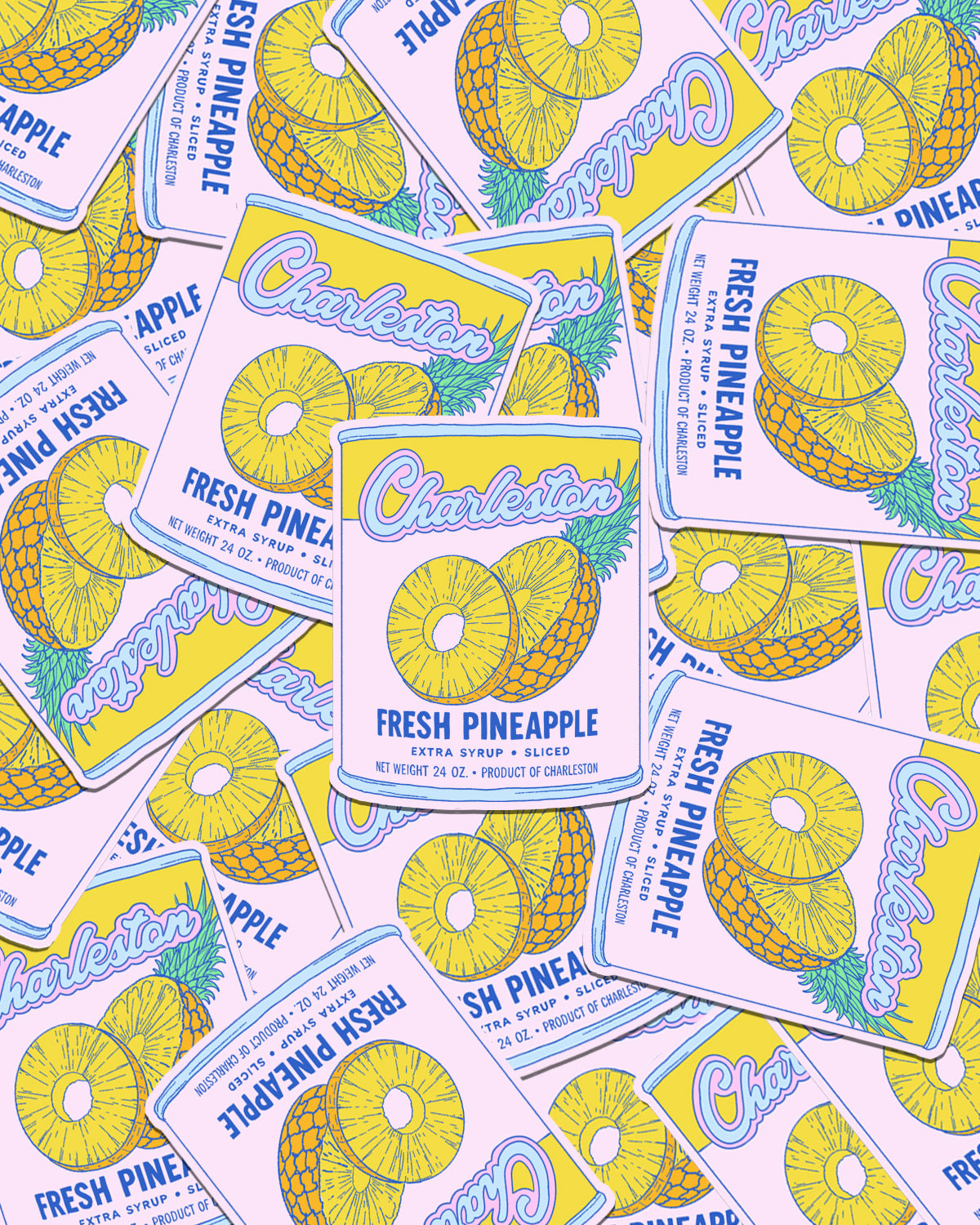 Multiple cans of Charleston Fresh Pineapple on a matching background with pineapple graphics.
