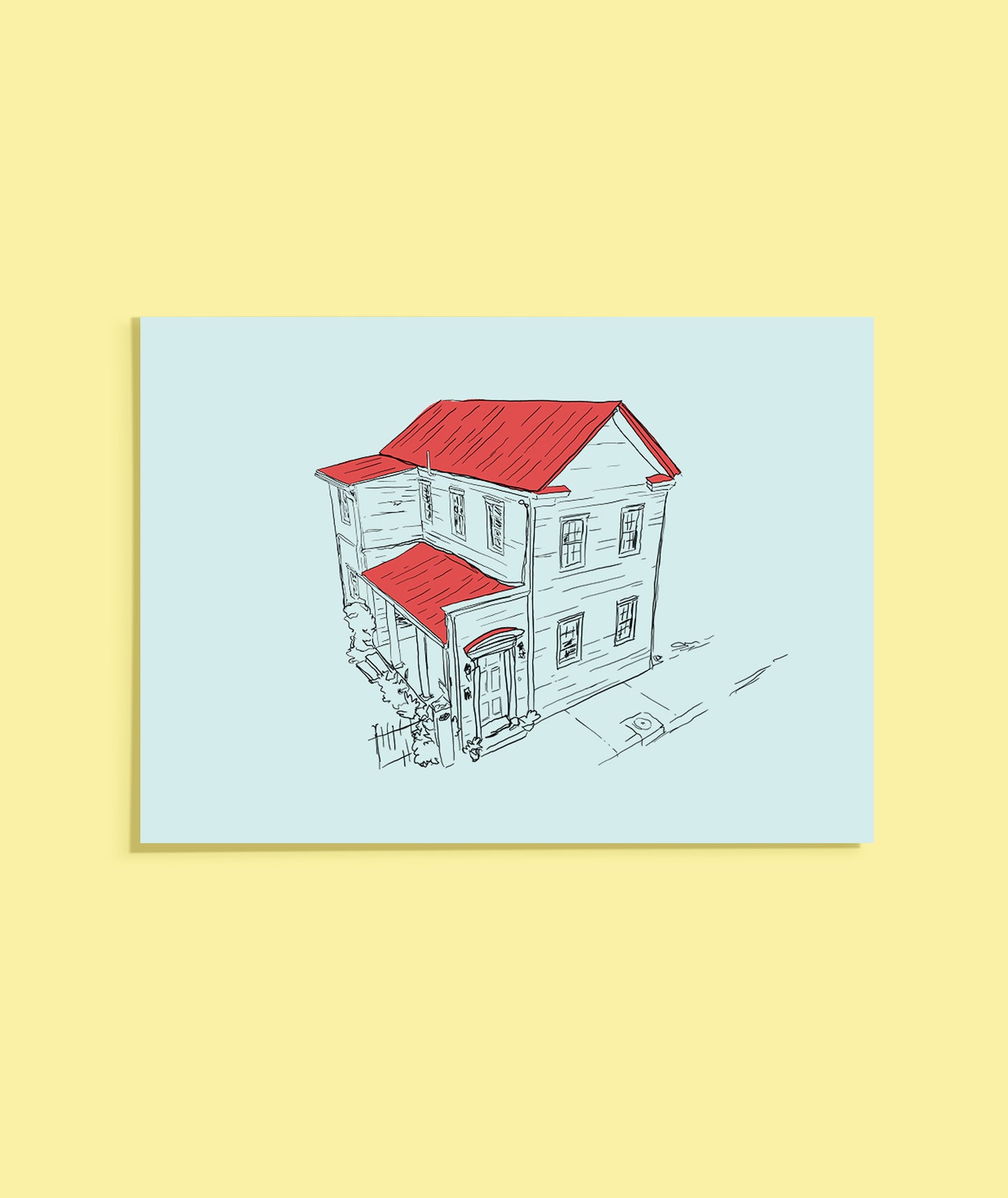 Illustration of a two-story house with a red roof on a light blue background, framed by a yellow border.