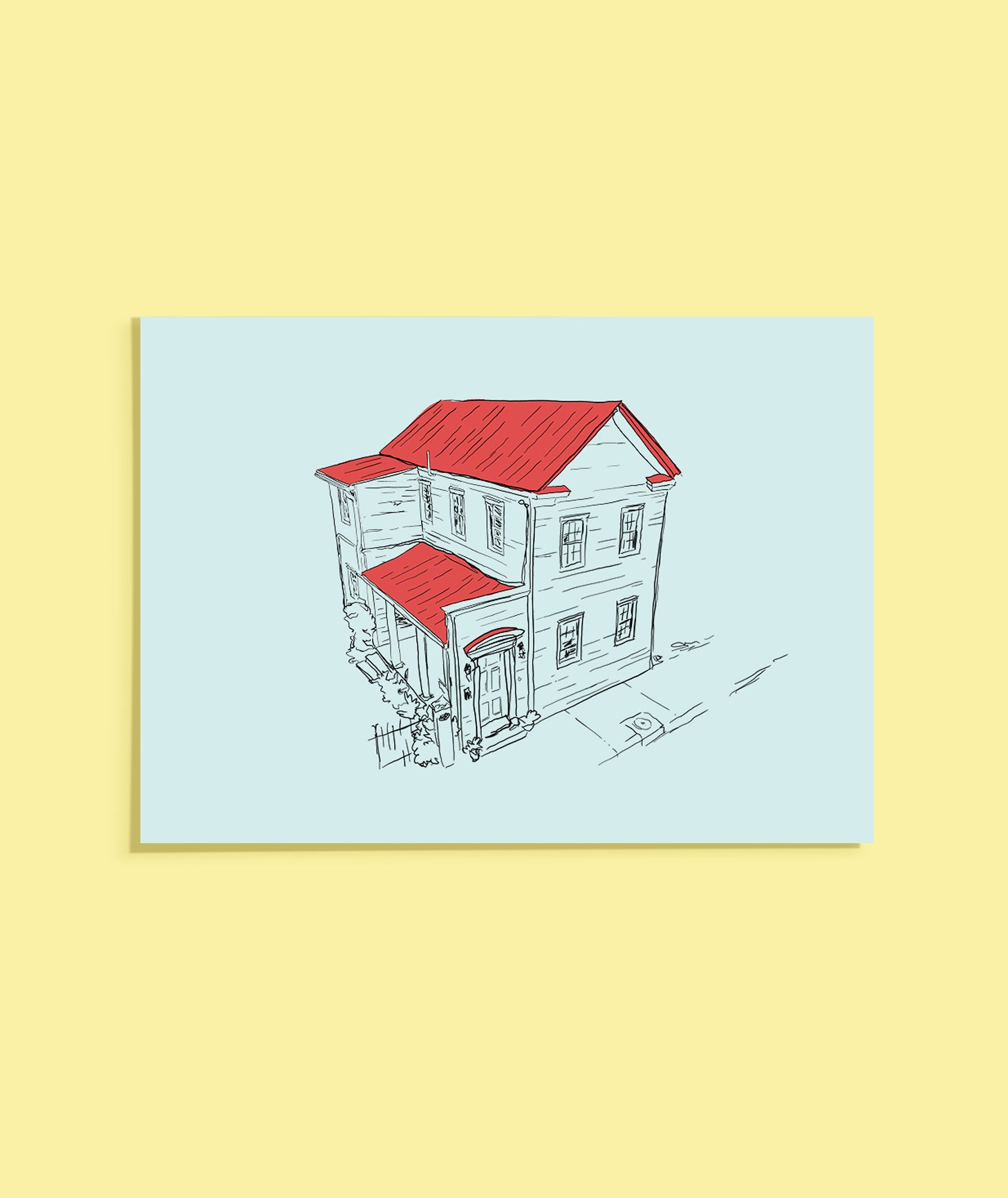 Illustration of a two-story house with a red roof on a light blue background, framed by a yellow border.