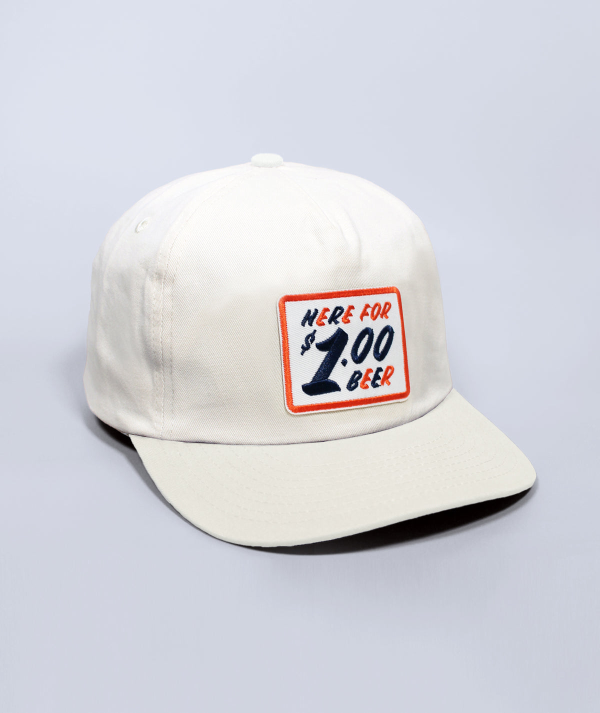 Charleston Riverdogs hat. White hat with patch that says Here for Dollar Beer.