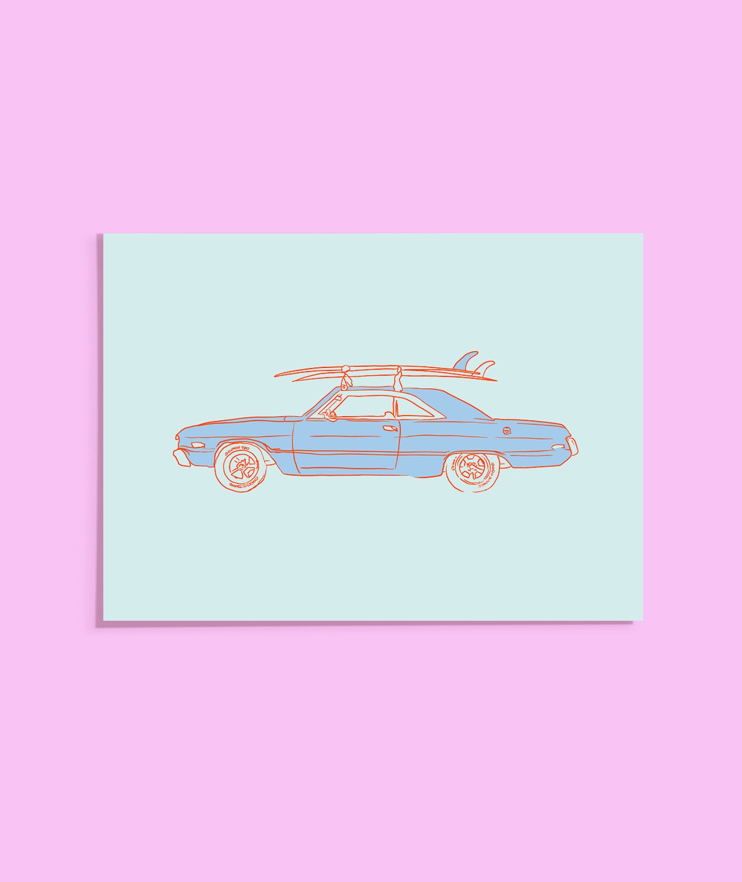 Illustration of a car with a surfboard on a light blue background