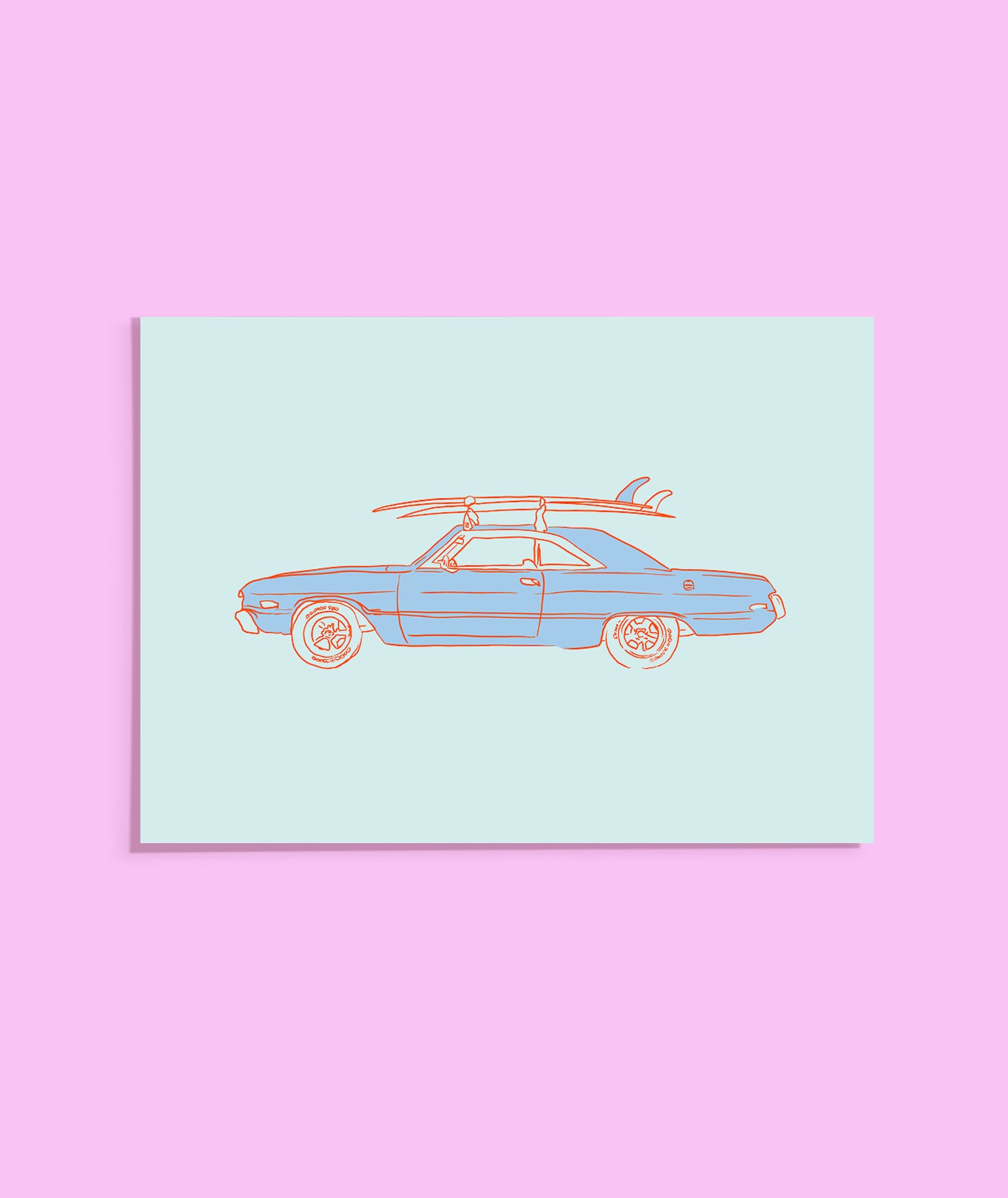 Illustration of a car with a surfboard on a light blue background