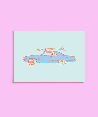 Illustration of a car with a surfboard on a light blue background