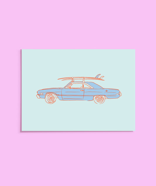 Illustration of a car with a surfboard on a light blue background