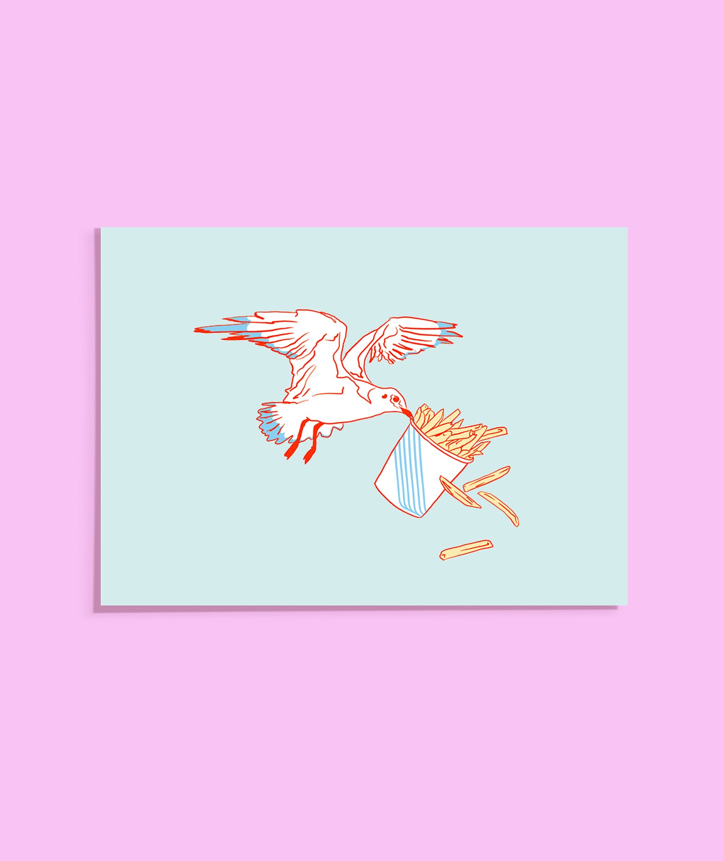 Postcard of a seagull stealing french fries