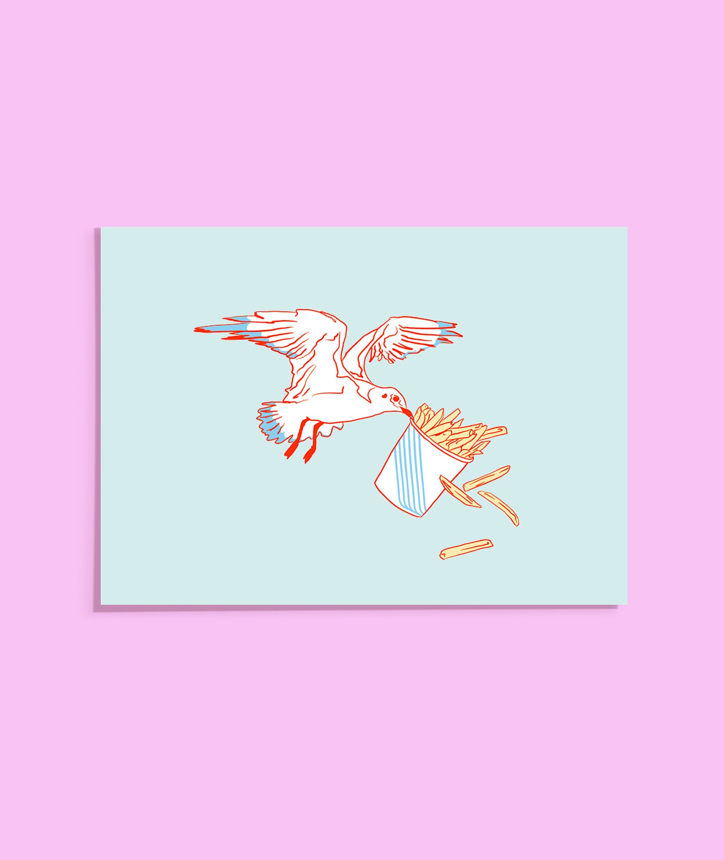 Postcard of a seagull stealing french fries