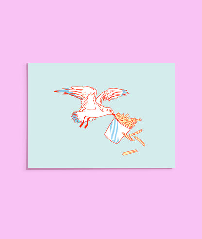 Postcard of a seagull stealing french fries