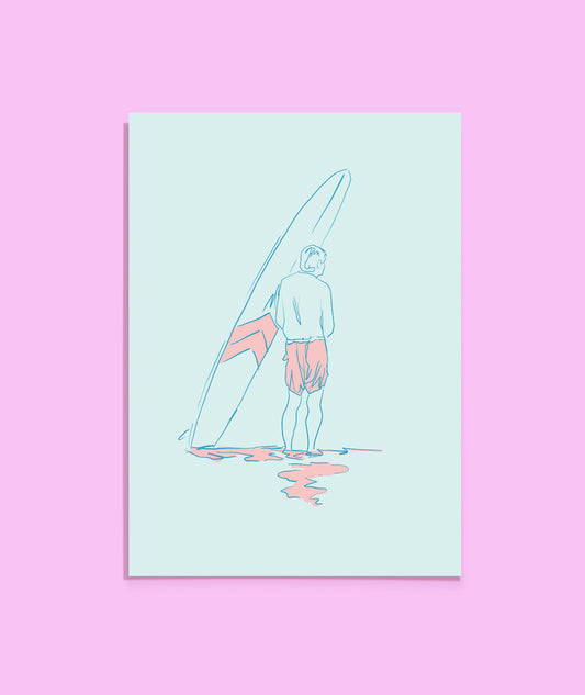 Poster with a stylized illustration of a person holding a surfboard on a light blue background, against a pink background.