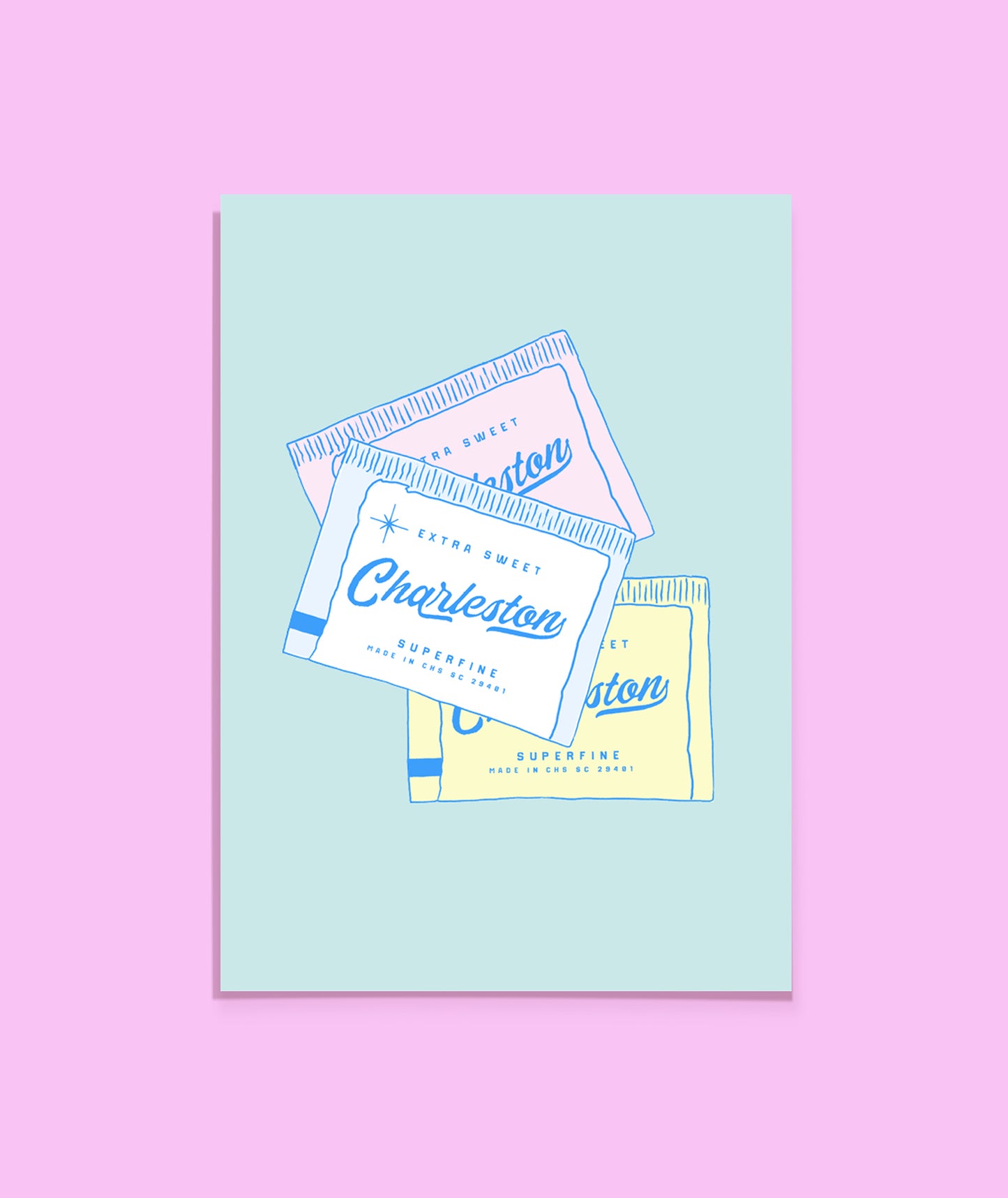 Packaging of Charleston sugar packets on a light blue card with a pink background